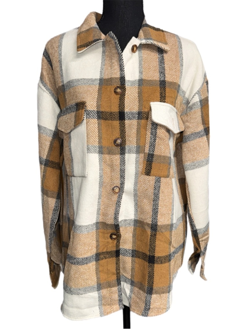 Rosvigor - Tan Plaid Button‑Up Shacket Jacket – Soft Flannel - Size Medium - NWT